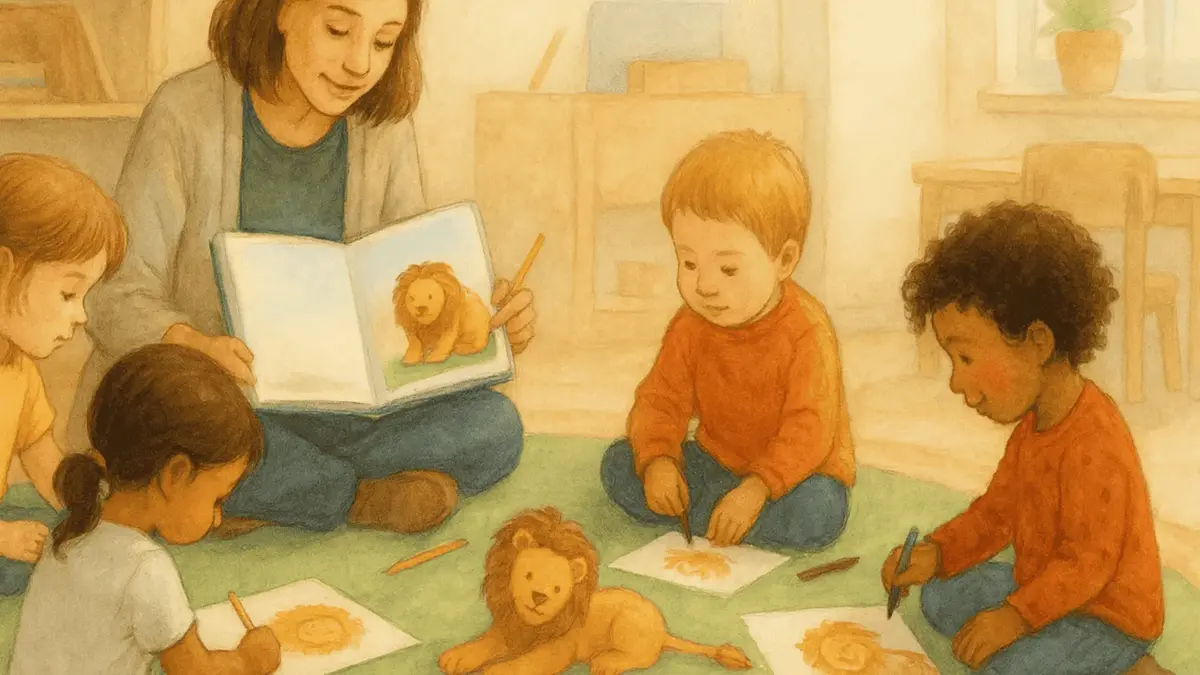 barn sitter på matta och ritar bild från en bok pedagog läser.