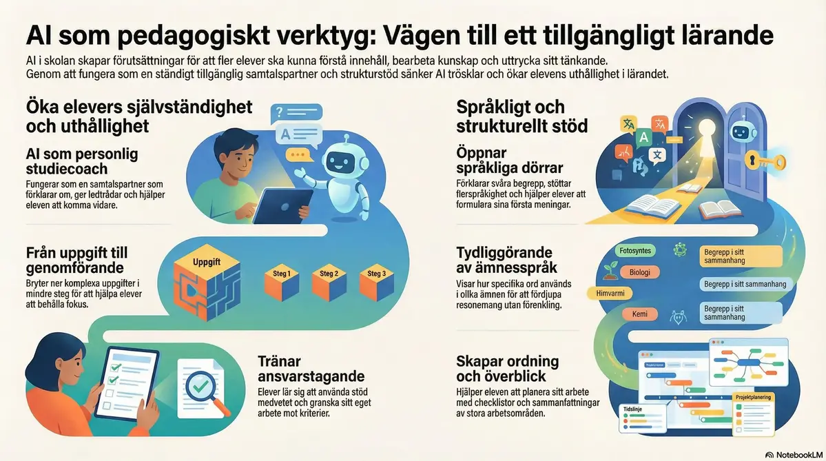 AI-genererad infografik över AI som pedagogiskt verktyg. Bilden är skapad utifrån manuset som går att läsa längre ner på sidan.